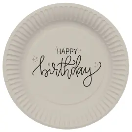 Paptallerkener Happy Birthday Cremehvid/Sort 8-pak
