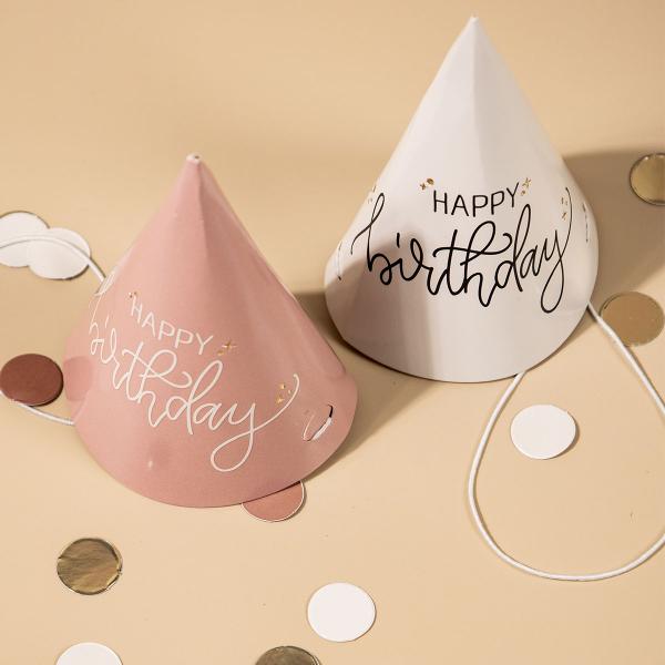 Festhatte Happy Birthday Cremelyserød/Cremehvid 6-pak