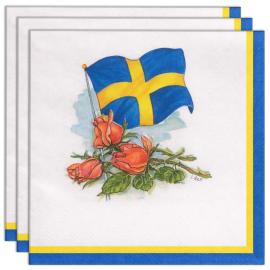 Papirservietter Sverigeflag/Roser 33 cm 20-pak