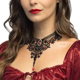 Choker med Blonder og Sten Sort/R&oslash;d