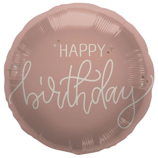 Rund Folieballon Happy Birthday Cremelyserød