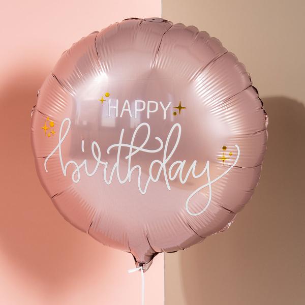 Rund Folieballon Happy Birthday Cremelyserød