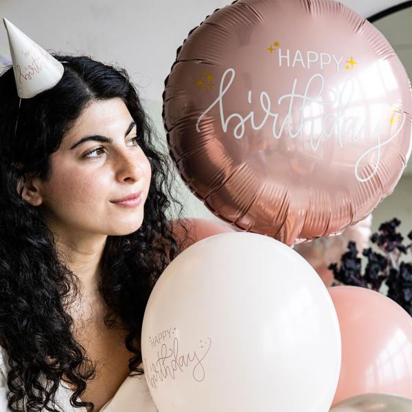 Rund Folieballon Happy Birthday Cremelyserød