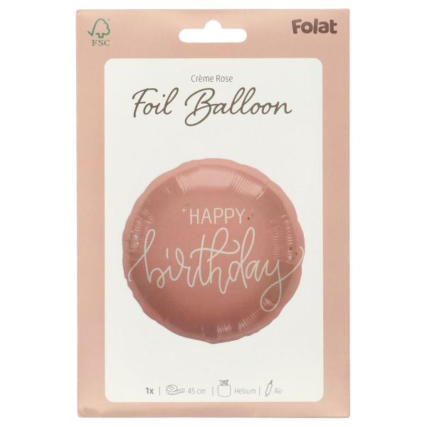 Rund Folieballon Happy Birthday Cremelyserød