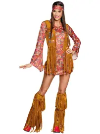 Hippie Pige Flower Power Mini Kjole Kostume
