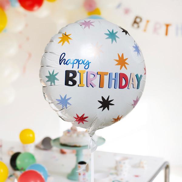 Rund Happy Birthday Folieballon med Stjerner