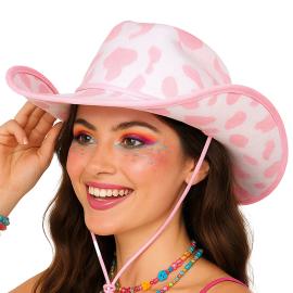 Cowboyhat med Kom&oslash;nster Pink/Hvid