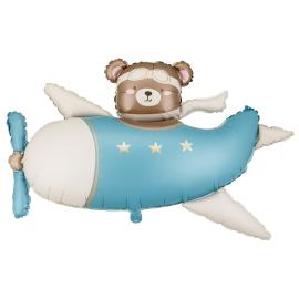 Folieballon Bj&oslash;rn i Flyvemaskine Lysebl&aring; 94 x 61 cm