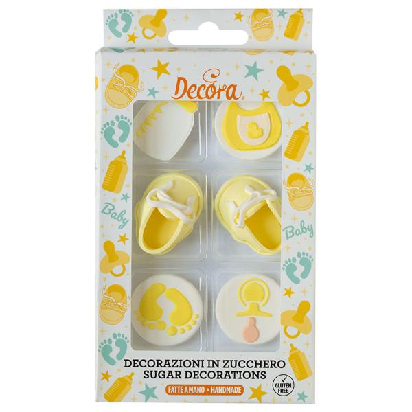 Sukkerdekorationer Baby Shower Gul/Hvid 6-pak