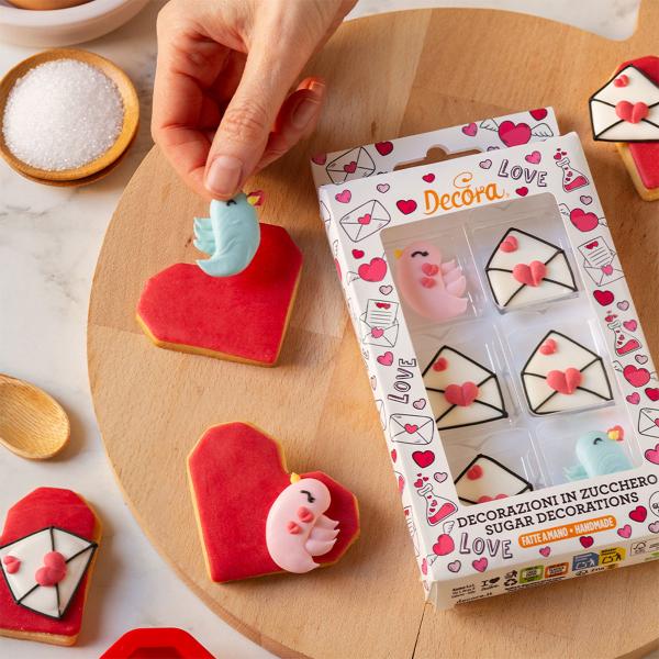 Sukkerdekorationer Lovebirds/Kuvert 6-pak