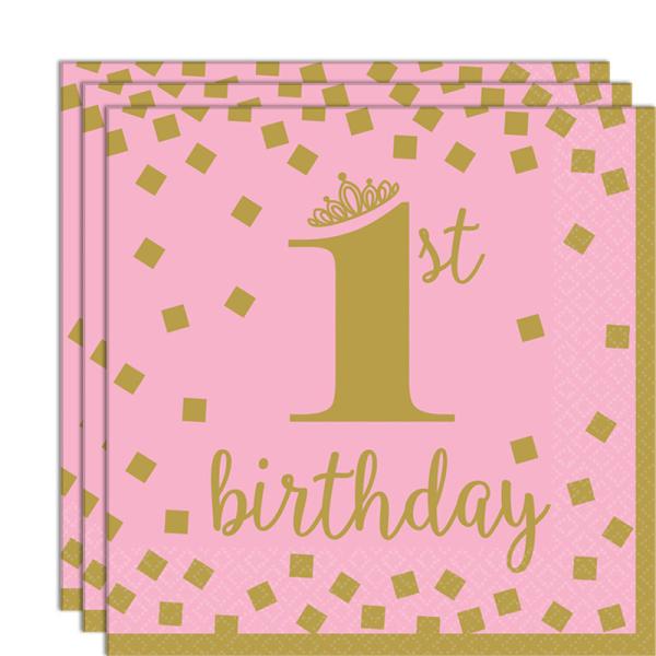 1st Birthday Kaffeservietter Lyserøde
