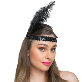 Paillet Pandebånd med Fjer Sort