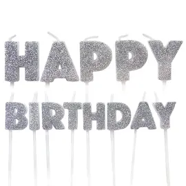 Glitrende Happy Birthday Kagelys Sølv