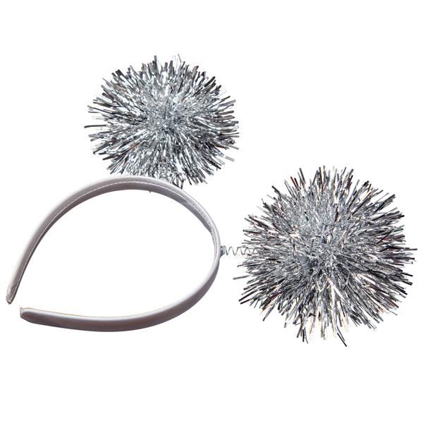 Hvid Hårbøjle med Sølvfarvede Pom Poms