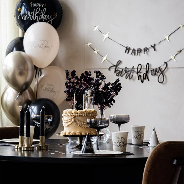 Kagelys Happy Birthday Sort/Grå/Cremehvid 11-pak