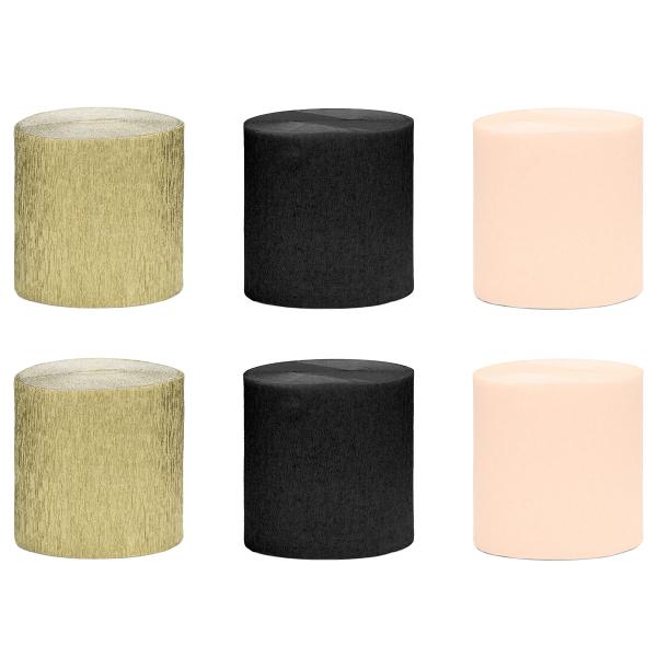 Crepepapir Sort/Guld/Fersken 6-pak