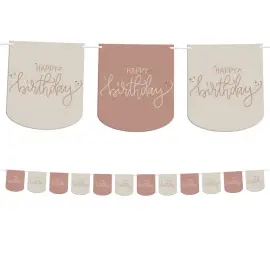 Flagguirlande Happy Birthday Cremelyserød/Cremehvid