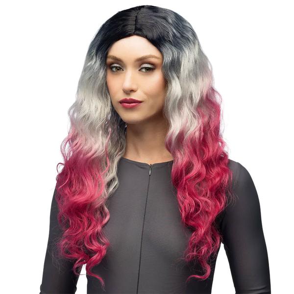 Bølget Sort, Grå & Lyserød Ombre Paryk