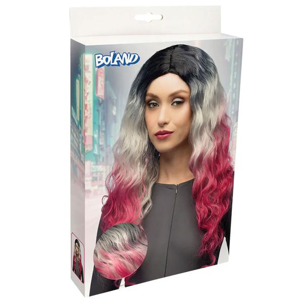 Bølget Sort, Grå & Lyserød Ombre Paryk