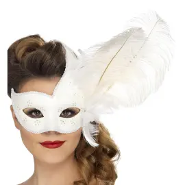 Teatermaske med Fjer Hvid