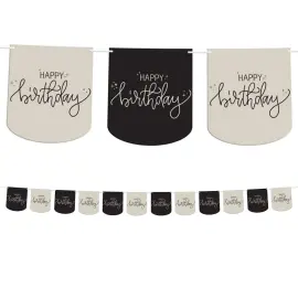 Flagguirlande Happy Birthday Sort/Cremehvid