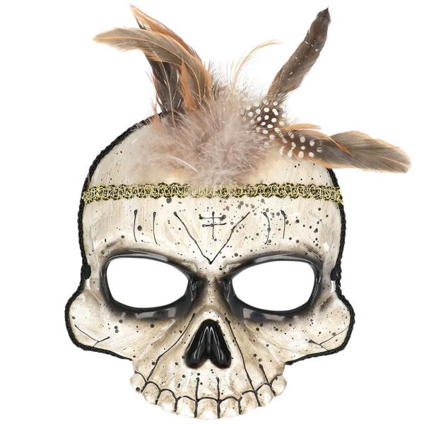 Voodoo Halvmaske Dødningehoved med Fjer